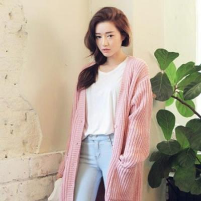 秋冬新款韩国复古休闲简约纯色外套长款针织开衫毛衣宽松文艺慵懒